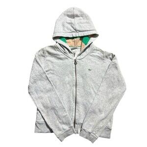 Vtg Lacoste Grey Zip Up Sweater Green Brown Striped Hood Sz 40